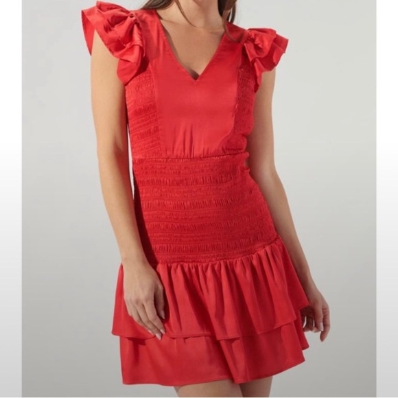 🆕 Sugarlips Red Satin Smocked Ruffle Dress - Picture 1 of 7